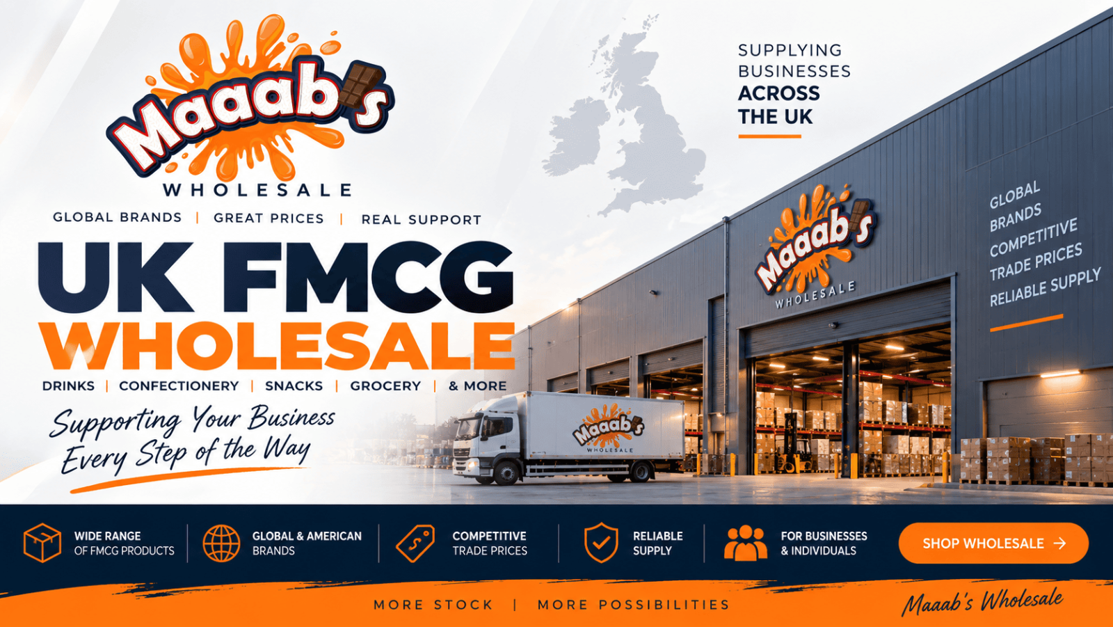 UK FMCG wholesale drinks, confectionery, snacks and grocery products from Maaab Wholesale