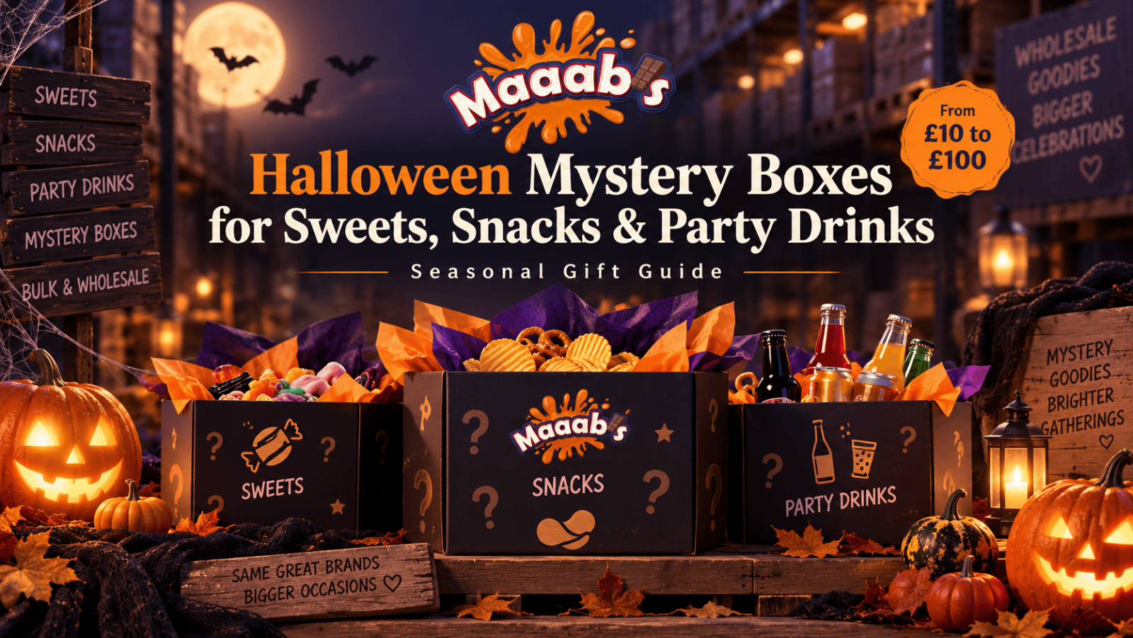 Halloween mystery boxes for sweets, snacks and party drinks from Maaab Wholesale