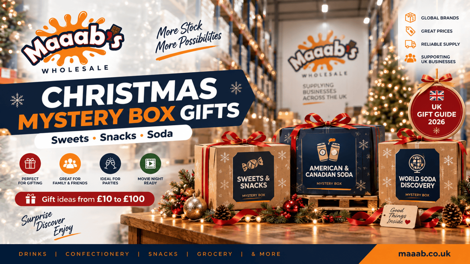 Christmas mystery box gifts with sweets, snacks and soda from Maaab Wholesale UK