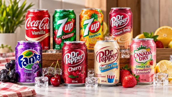 Selection of colourful American-style soft drinks in cherry, tropical, citrus, strawberry and vanilla flavours.