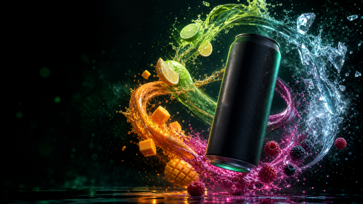 Energy drink can surrounded by colourful citrus, mango, berry and ice flavour graphics
